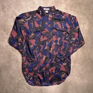Vintage 90s Punch Multicolor Geometric Print Silk Blouse Button Up Long Sleeve